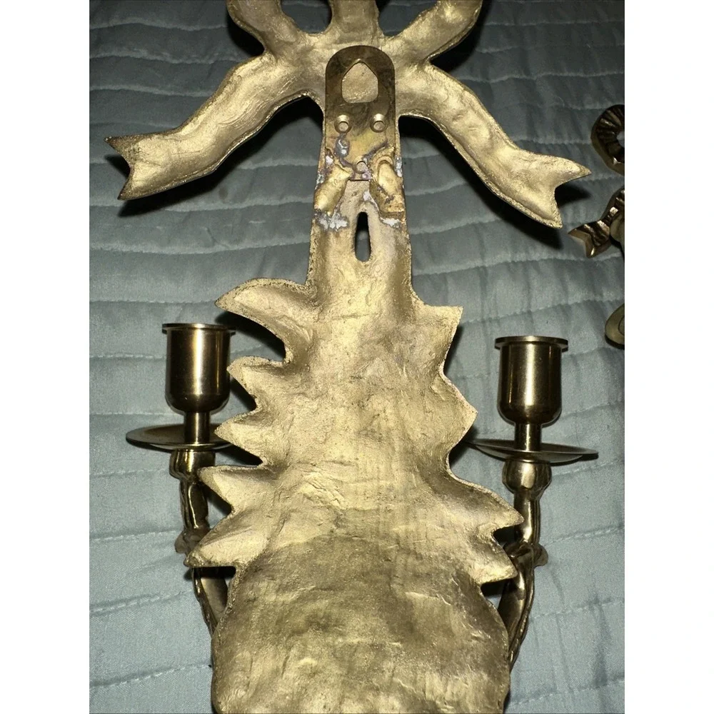 Brass Wall Sconces Pair Decorative Candle Holders with Floral and Bow Design